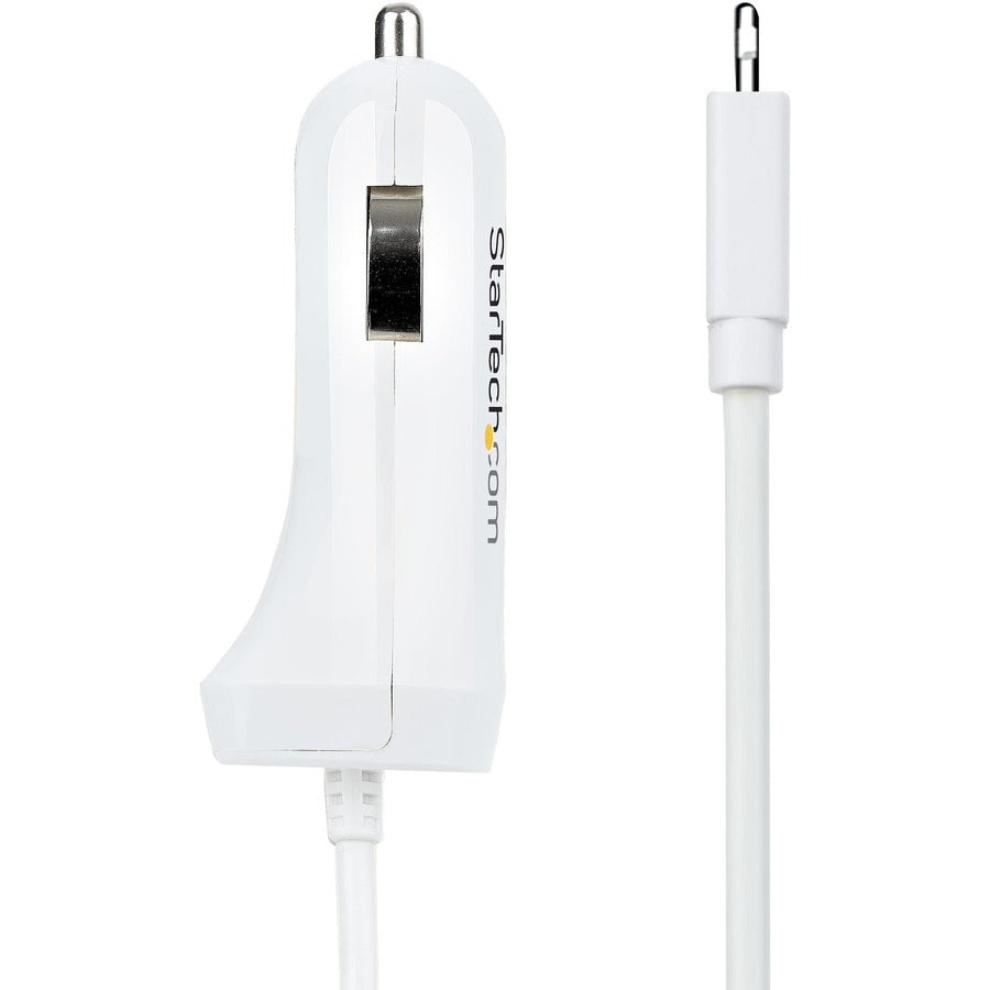 StarTech.com Lightning Car Charger with Coiled Cable, 1m Built-in Cable, 12W, White, 2 Port USB Car Charger Adapter, In Car iPhone Charger — USBLT2PCARW2