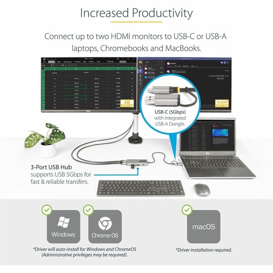 StarTech.com USB-C Multiport Adapter w/Attached USB-C to USB-A Dongle, Dual HDMI 4K/1080, 3x USB, Mini Laptop Docking Station, Travel Dock — 167B-USBC-MULTIPORT
