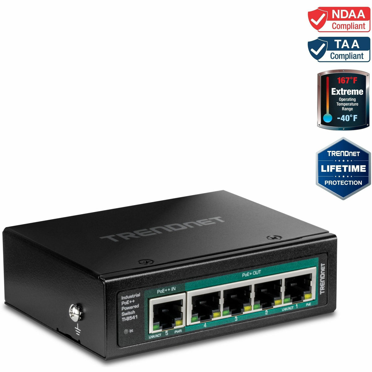 TRENDnet TI-B541, 5-Port Industrial Gigabit PoE++ Powered DIN-Rail Switch with PoE Pass-Through, Lifetime Protection, Black — TI-B541
