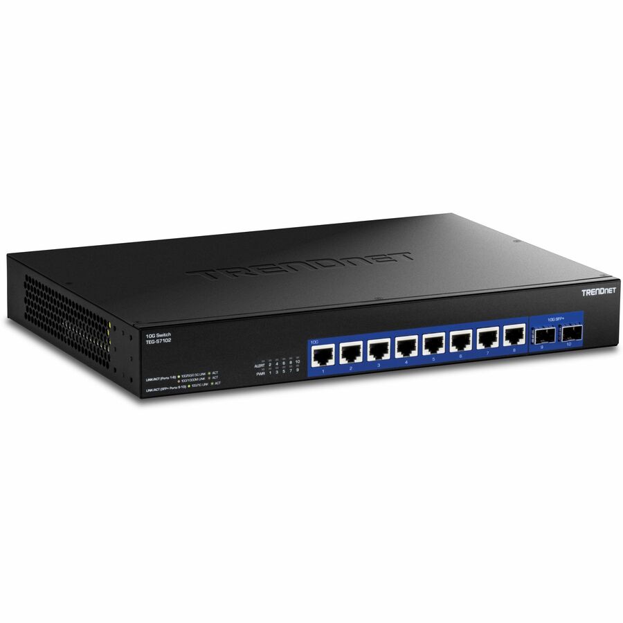 TRENDnet 10-Port 10G Unmanaged Switch, TEG-S7102, 8 x 10G RJ-45 Ports, 2 x 10G SFP+ Ports, 200Gbps Switching Capacity, Rackmount Design, Lifetime Protection, Black — TEG-S7102