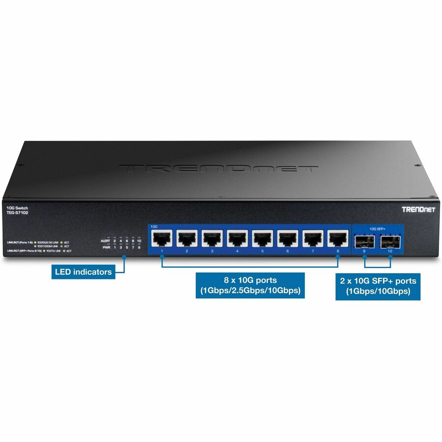 TRENDnet 10-Port 10G Unmanaged Switch, TEG-S7102, 8 x 10G RJ-45 Ports, 2 x 10G SFP+ Ports, 200Gbps Switching Capacity, Rackmount Design, Lifetime Protection, Black — TEG-S7102