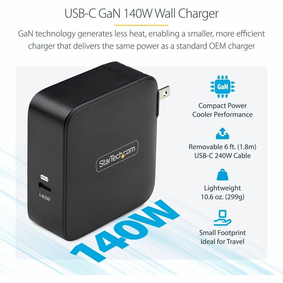 StarTech.com 140W USB-C Wall Charger, USB-IF Certified, PD 3.1 Portable GaN Charging Power Adapter, 6ft/1.8m USB-C to USB-C Cable — 1014GCN-WALL-CHARGER