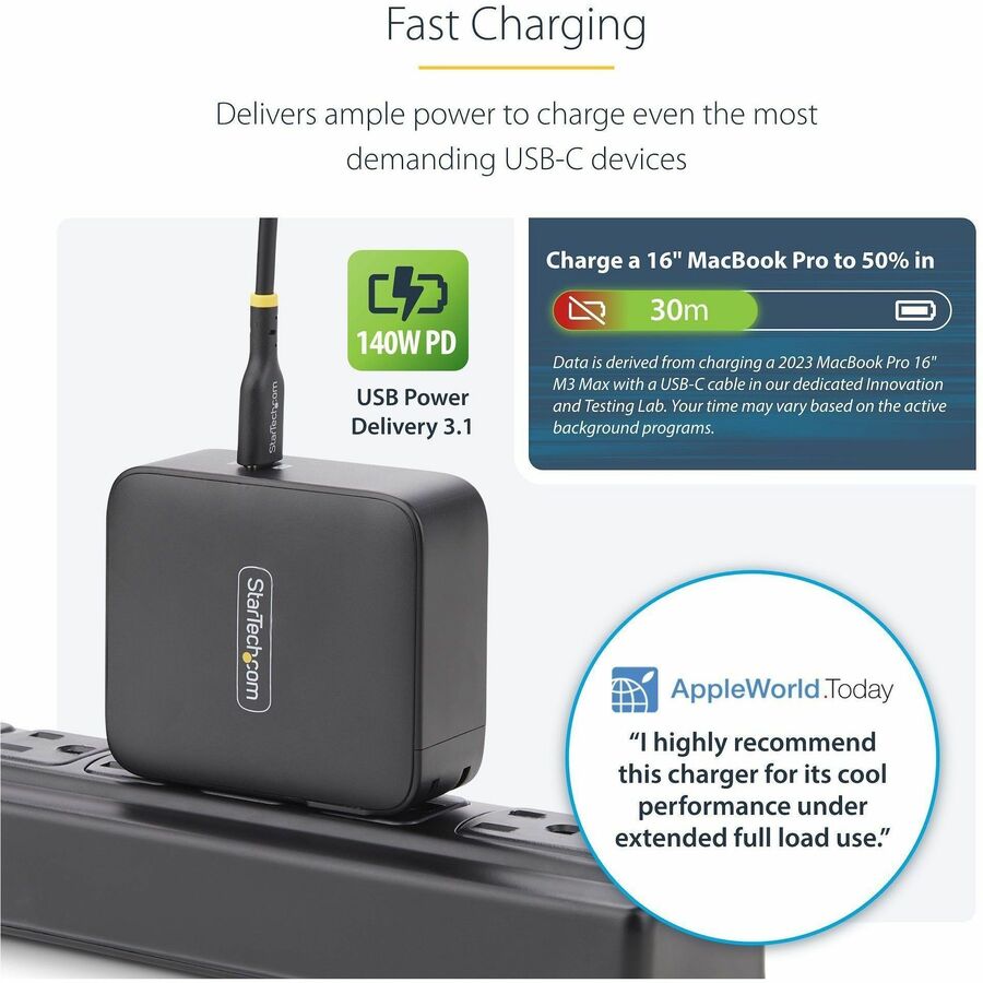 StarTech.com 140W USB-C Wall Charger, USB-IF Certified, PD 3.1 Portable GaN Charging Power Adapter, 6ft/1.8m USB-C to USB-C Cable — 1014GCN-WALL-CHARGER