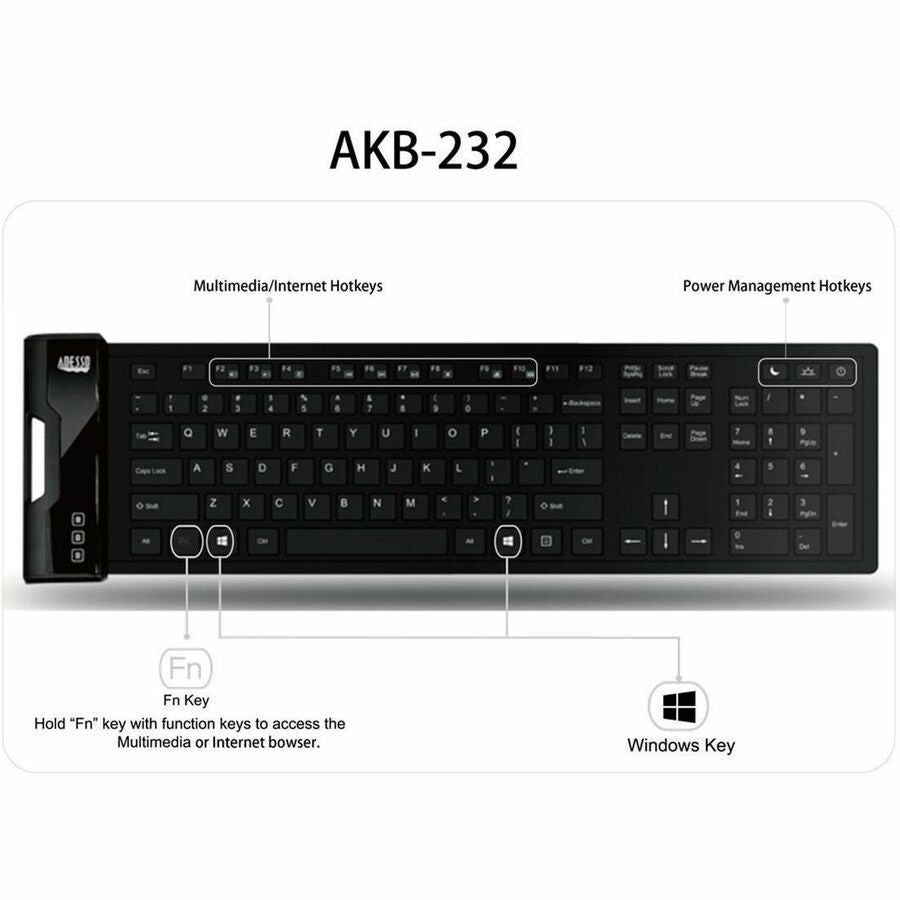 Adesso SlimTouch 232 Antimicrobial Waterproof Flex Keyboard (Full Size) — AKB-232UB