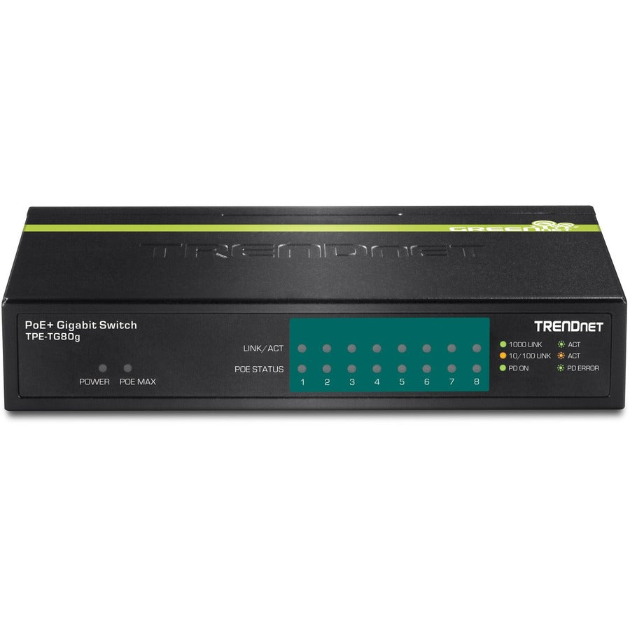 TRENDnet 8-Port Gigabit PoE+ Switch, TPE-TG80G, 8 x Gigabit PoE+ Ports, 123W PoE Power Budget, 16 Gbps, Ethernet Splitter, NDAA & TAA Compliant, Metal, Lifetime Protection, Black — TPE-TG80G