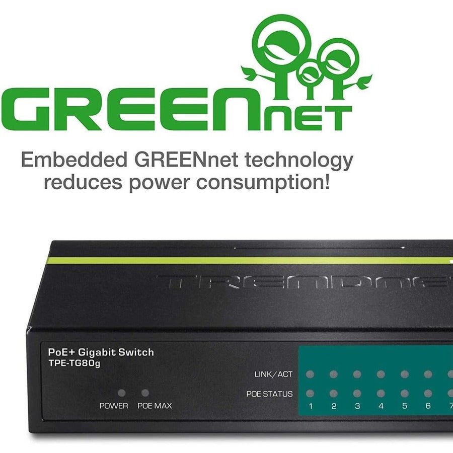 TRENDnet 8-Port Gigabit PoE+ Switch, TPE-TG80G, 8 x Gigabit PoE+ Ports, 123W PoE Power Budget, 16 Gbps, Ethernet Splitter, NDAA & TAA Compliant, Metal, Lifetime Protection, Black — TPE-TG80G