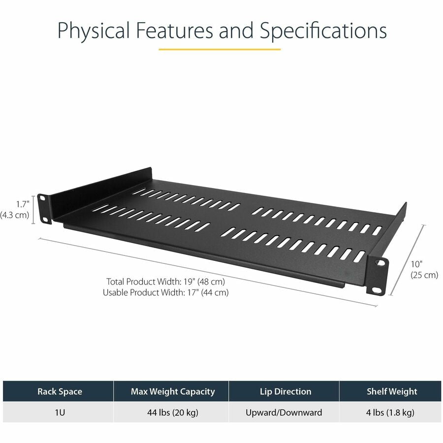 StarTech.com 1U Vented Server Rack Cabinet Shelf - Fixed 10in Deep Cantilever Rackmount Tray for 19" Data/AV/Network Enclosure w/Cage Nuts — CABSHELFV1U