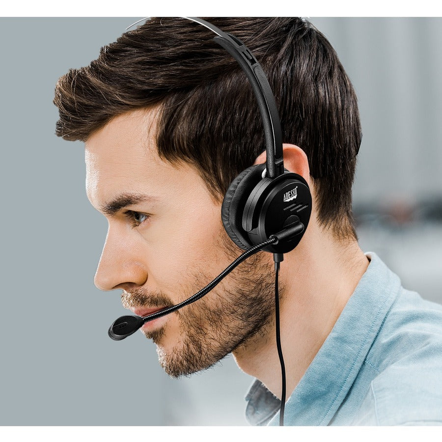 Adesso USB Single-Sided Headset with Adjustable Microphone- Noise Cancelling- Mono - USB - Wired - Over-the-head - 6 ft Cable -, Omni-directional Microphone - Black — XtreamP1