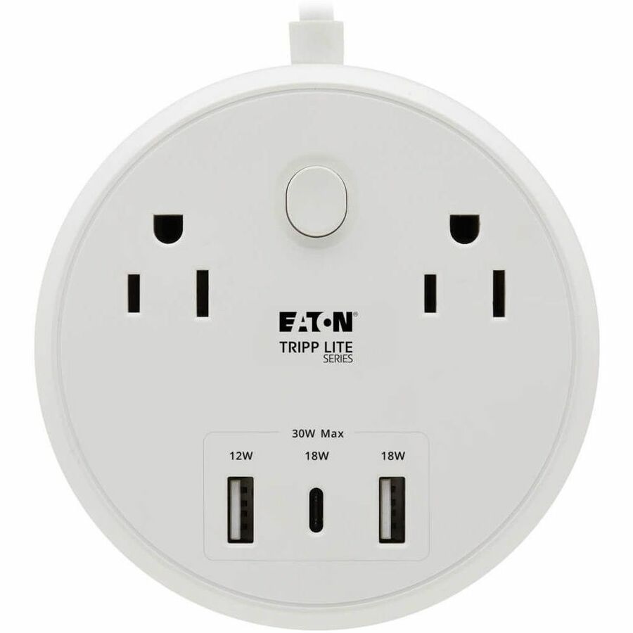 Eaton Tripp Lite Series Safe-IT 30W 2-Outlet Surge Protector - 5-15R Outlets, 3 USB Ports, 6 ft. (1.8 m) Cord, 300 Joules, Antimicrobial Protection, White — TLP26PD30WCAM