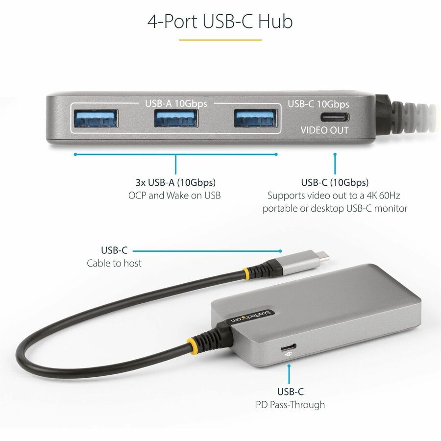 StarTech.com 4-Port USB-C Hub with USB-C DP Alt Mode Video Output, 3x USB-A, 1x USB-C, 100W Power Delivery Pass-Through, USB 3.2 10Gbps — HB31C3A1CDPPD3