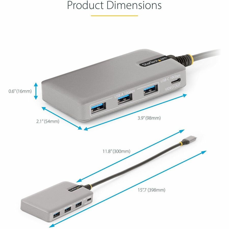 StarTech.com 4-Port USB-C Hub with USB-C DP Alt Mode Video Output, 3x USB-A, 1x USB-C, 100W Power Delivery Pass-Through, USB 3.2 10Gbps — HB31C3A1CDPPD3