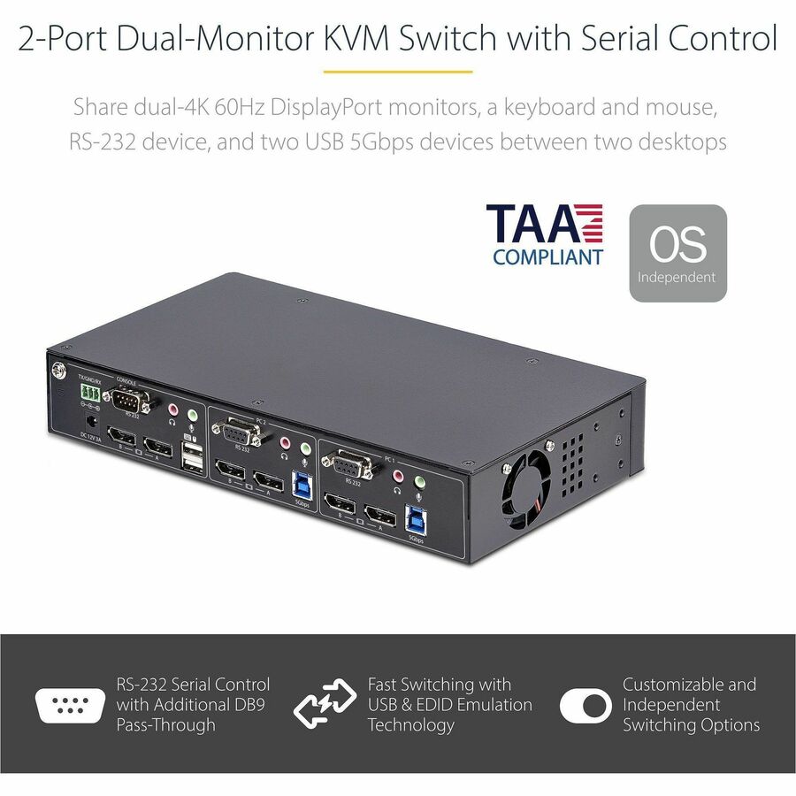 StarTech.com 2-Port Dual-Monitor DisplayPort KVM Switch, RS232 Serial Control, 4K 60Hz, 2x USB 5Gbps Hub Ports, TAA Compliant — P2DD46A22-KVM-SWITCH