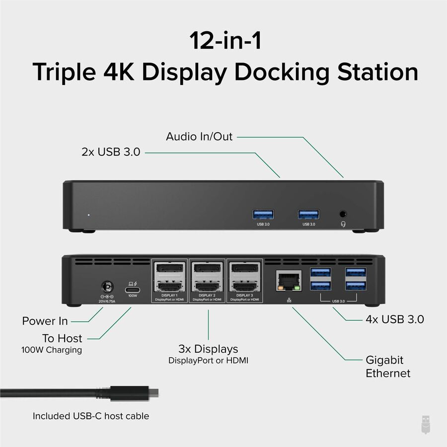 Plugable 12-in-1 USB C Triple Monitor Docking Station, Triple 4K Displays with 3X HDMI or 3X DisplayPort — UD-6950PDZ