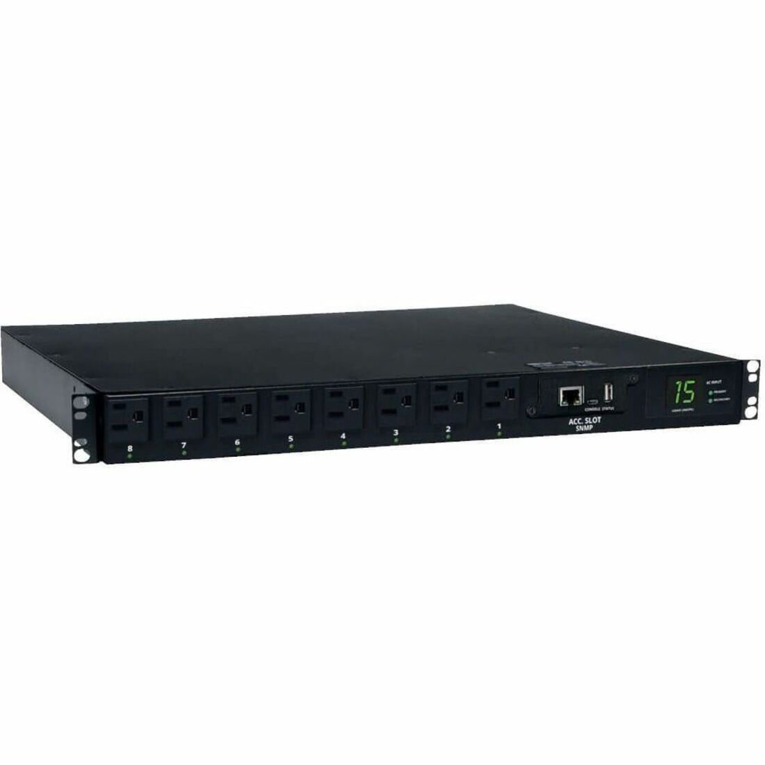 Eaton Tripp Lite Series 1.4kW Single-Phase Switched Automatic Transfer Switch PDU, 2 120V 5-15P 15A Inputs, 8 5-15R Outputs, 1U, TAA — PDUMH15ATNET