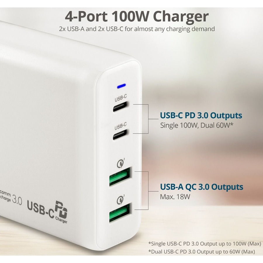 SIIG 100W Dual USB-C PD 3.0 PPS & QC 3.0 Combo Power Charger - White — AC-PW1P11-S1