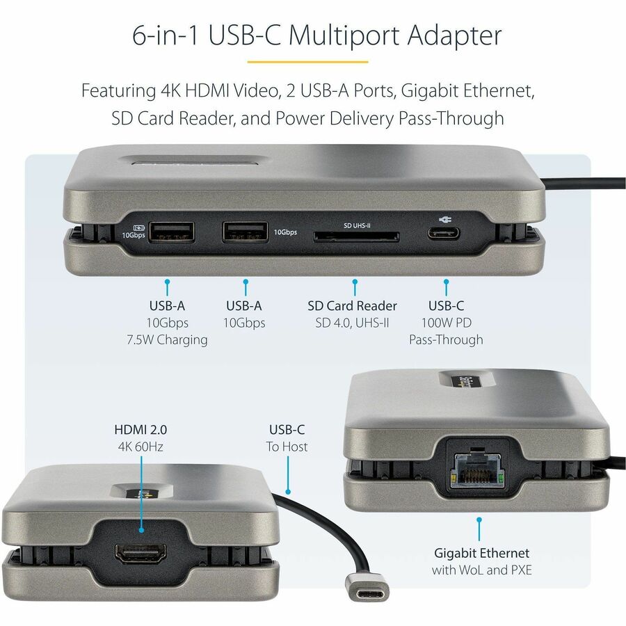StarTech.com USB C Multiport Adapter, USB C to 4K 60Hz HDMI 2.0, 2-Port 10Gbps USB Hub, 100W Power Delivery Pass-through, GbE, SD/MicroSD — DKT31CSDHPD3