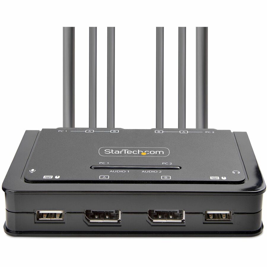 StarTech.com 2-Port Dual-Monitor DisplayPort Cable KVM Switch, 4K 60Hz, Compact KVM with 5ft/1.5m Integrated Host Cables, Bus Powered — C2-DD46-UA2-CBL-KVM