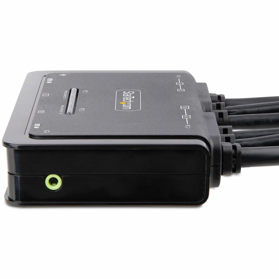 StarTech.com 2-Port Dual-Monitor DisplayPort Cable KVM Switch, 4K 60Hz, Compact KVM with 5ft/1.5m Integrated Host Cables, Bus Powered — C2-DD46-UA2-CBL-KVM