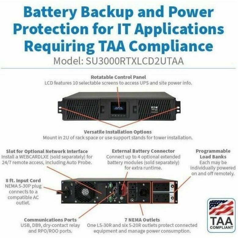Eaton Tripp Lite Series SmartOnline 3000VA 2700W 120V Double-Conversion Sine Wave UPS - 7 Outlets, Extended Run, Network Card Option, LCD, USB, DB9, 2U Rack/Tower, TAA — SU3000RTXLCD2UTAA