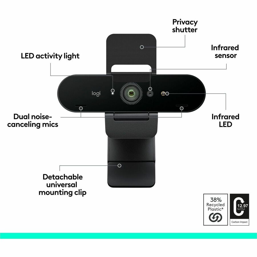 Logitech Brio 4K Webcam for Business, biometrics login with Windows Hello, auto-light correction, noise-canceling, Works with Microsoft Teams, Zoom, Google Meet, PC/Mac — 960-001105