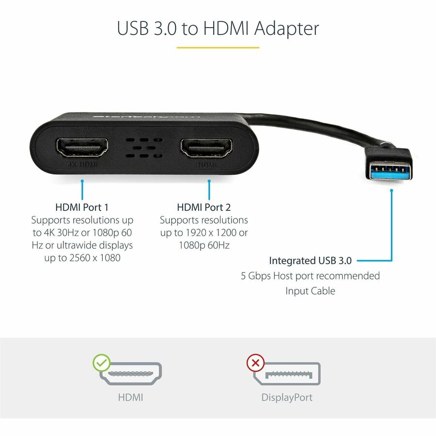 StarTech.com USB 3.0 to Dual HDMI Adapter, USB to 2x HDMI Monitor Converter for Windows (no support for macOS/ChromeOS/Linux) - TAA — USB32HD2