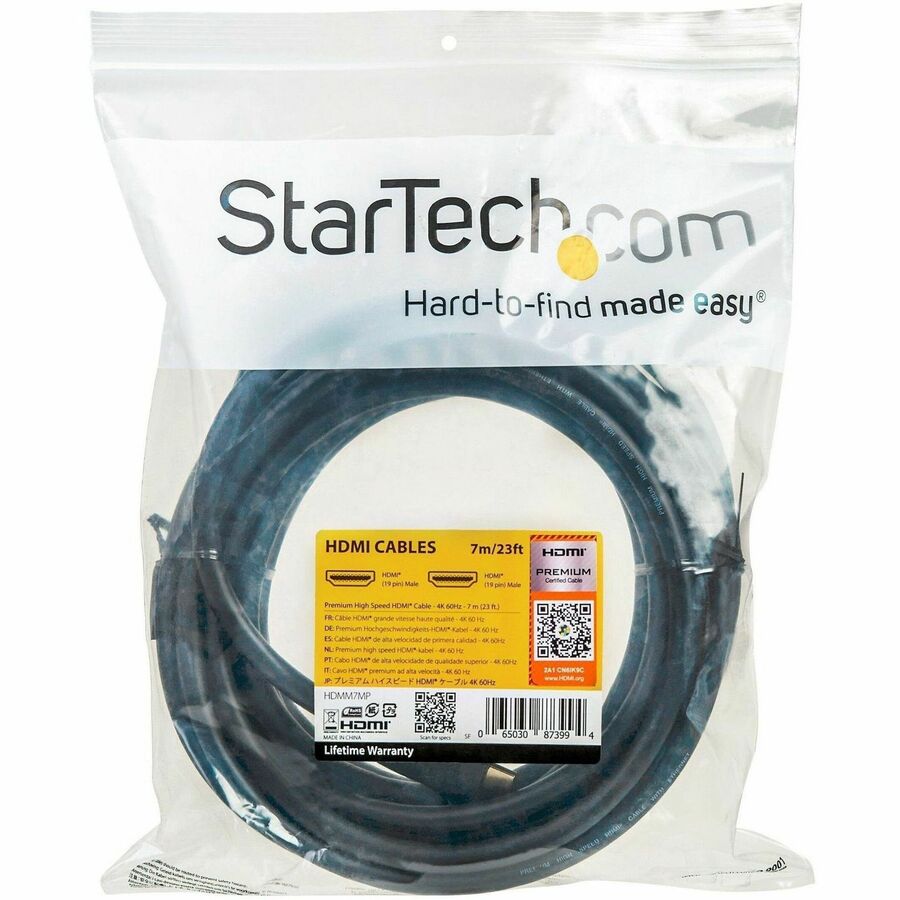 StarTech.com 23ft (7m) Premium Certified HDMI 2.0 Cable with Ethernet, High Speed Ultra HD 4K 60Hz HDMI Cable HDR10, UHD HDMI Monitor Cord — HDMM7MP