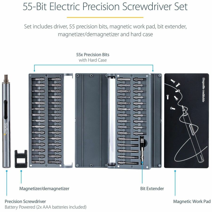 StarTech.com 55-Bit Electric Precision Screwdriver Set, Cordless/Battery Powered, Magnetic Bit Driver Kit for Laptop/Computer/Phone Repair — CTK55PCEDRIVE