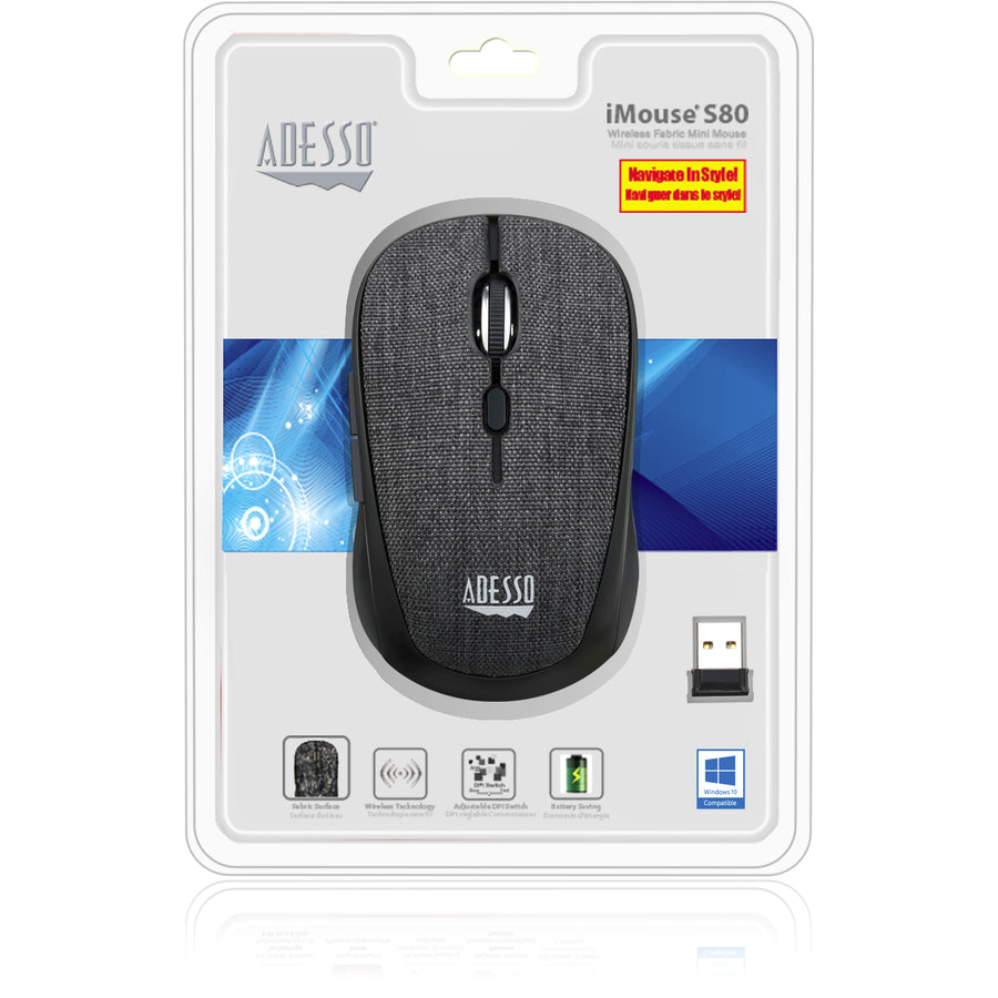 Adesso iMouse S80B - Wireless Fabric Optical Mini Mouse (Black) — iMouseS80B