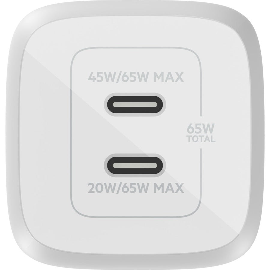 Belkin 65W Portable Dual Port GaN Wall Charger - 2xUSB-C (65W Total) - w/ USB-C to USB-C Cable - Fast Charging - Power Adapter - White — WCH013dq2MWH-B6