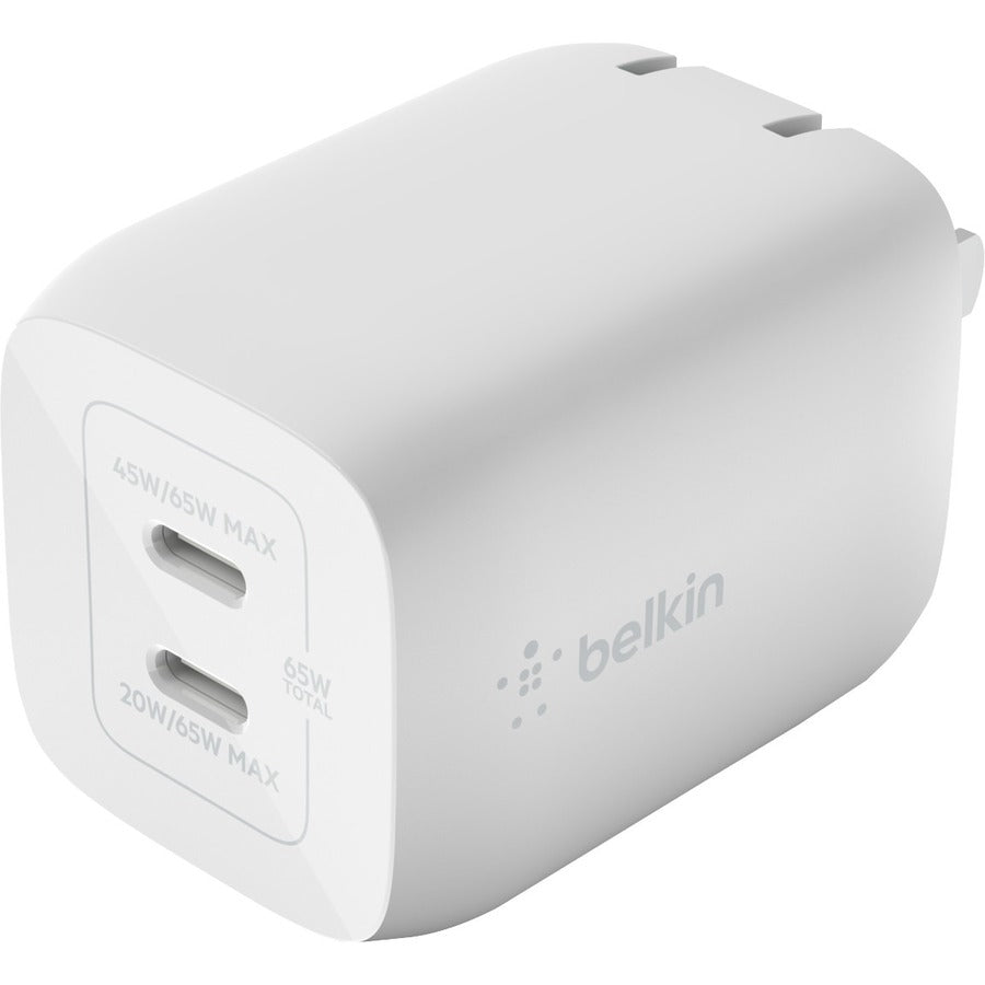 Belkin 65W Portable Dual Port GaN Wall Charger - 2xUSB-C (65W Total) - w/ USB-C to USB-C Cable - Fast Charging - Power Adapter - White — WCH013dq2MWH-B6