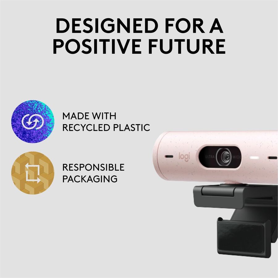 Logitech Brio 500 Full HD webcam, auto framing, noise-reducing mics, privacy shutter, streaming & video calling, Rose — 960-001432