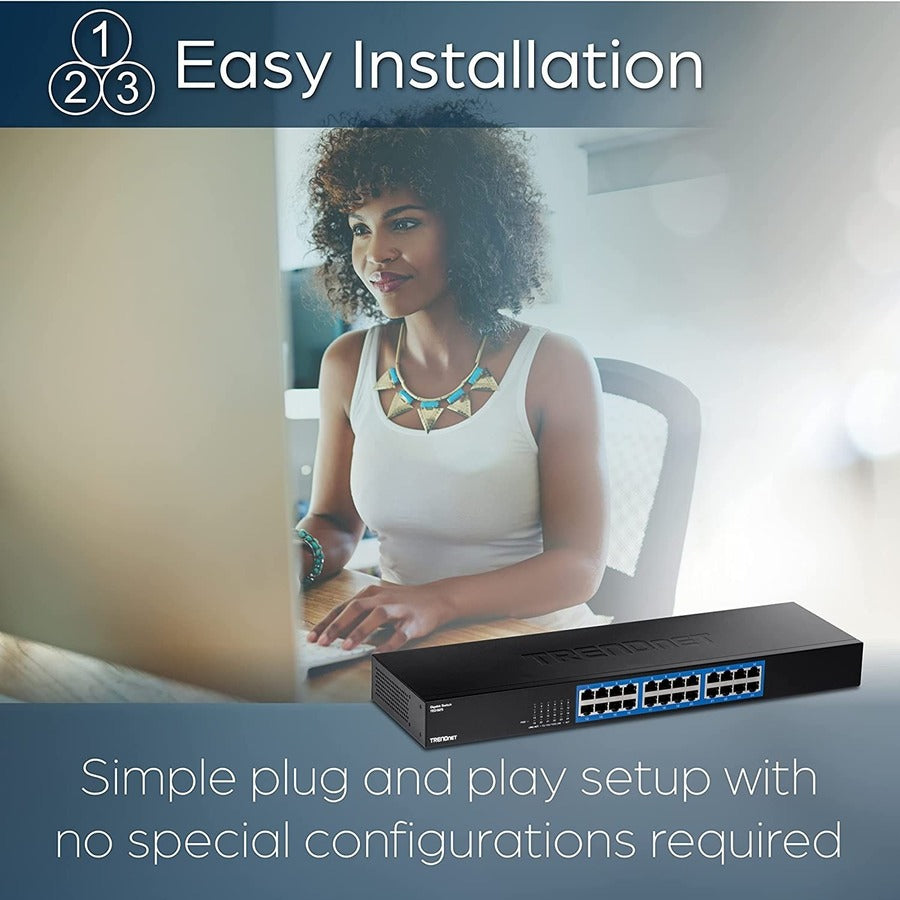 TRENDnet 24-Port Gigabit Switch, TEG-S25, 24 x Gigabit RJ-45 Ports, 48Gbps Switching Capacity, Fanless Design, Metal Enclosure, Internal Power Supply, Lifetime Protection, Black — TEG-S25