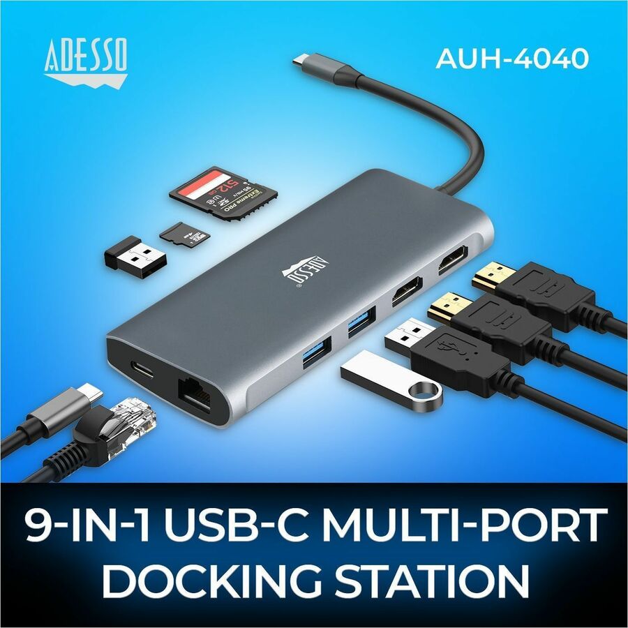 Adesso 9-in-1 USB-C Multi-Port Docking Station (TAA Compliant) — AUH-4040