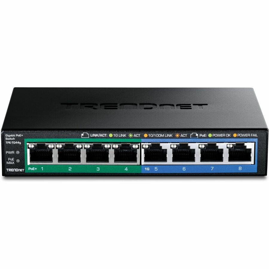 TRENDnet 8-Port Gigabit GREENnet PoE+ Switch, 4 x Gigabit PoE-PoE+ Ports, 4 x Gigabit Ports, 61W Power Budget, 16 Gbps Switch Capacity, Ethernet Unmanaged Switch, Lifetime Protection, Black, TPE-TG44G — TPE-TG44g