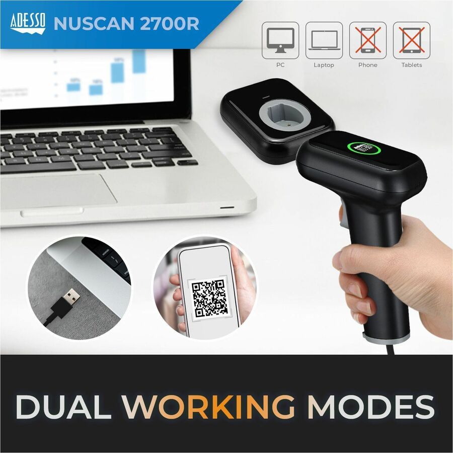 Adesso NuScan 2700R 2D Wireless Barcode Scanner with Charging Cradle — NUSCAN 2700R