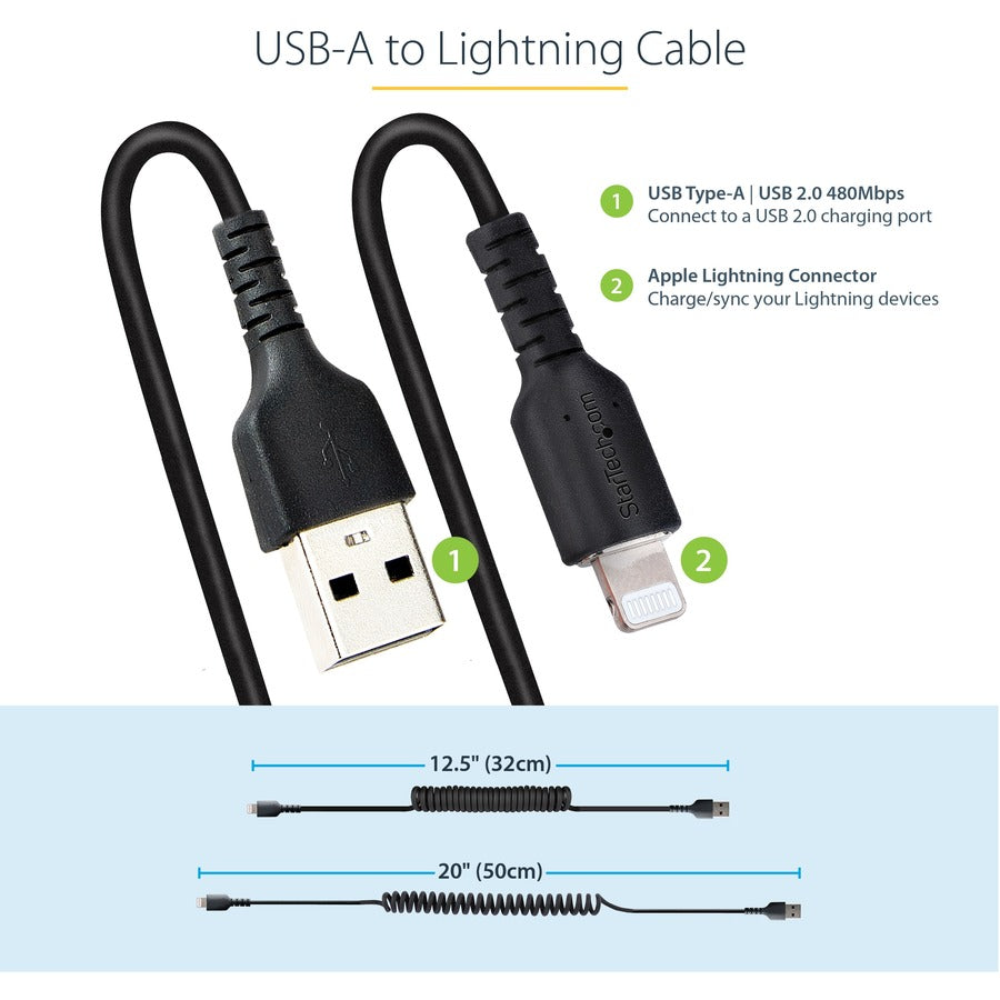 StarTech.com 50cm/20in USB to Lightning Cable, MFi Certified, Coiled iPhone Charger Cable, Black, Durable TPE Jacket Aramid Fiber — RUSB2ALT50CMBC