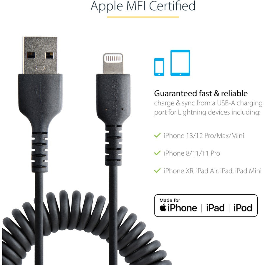 StarTech.com 50cm/20in USB to Lightning Cable, MFi Certified, Coiled iPhone Charger Cable, Black, Durable TPE Jacket Aramid Fiber — RUSB2ALT50CMBC