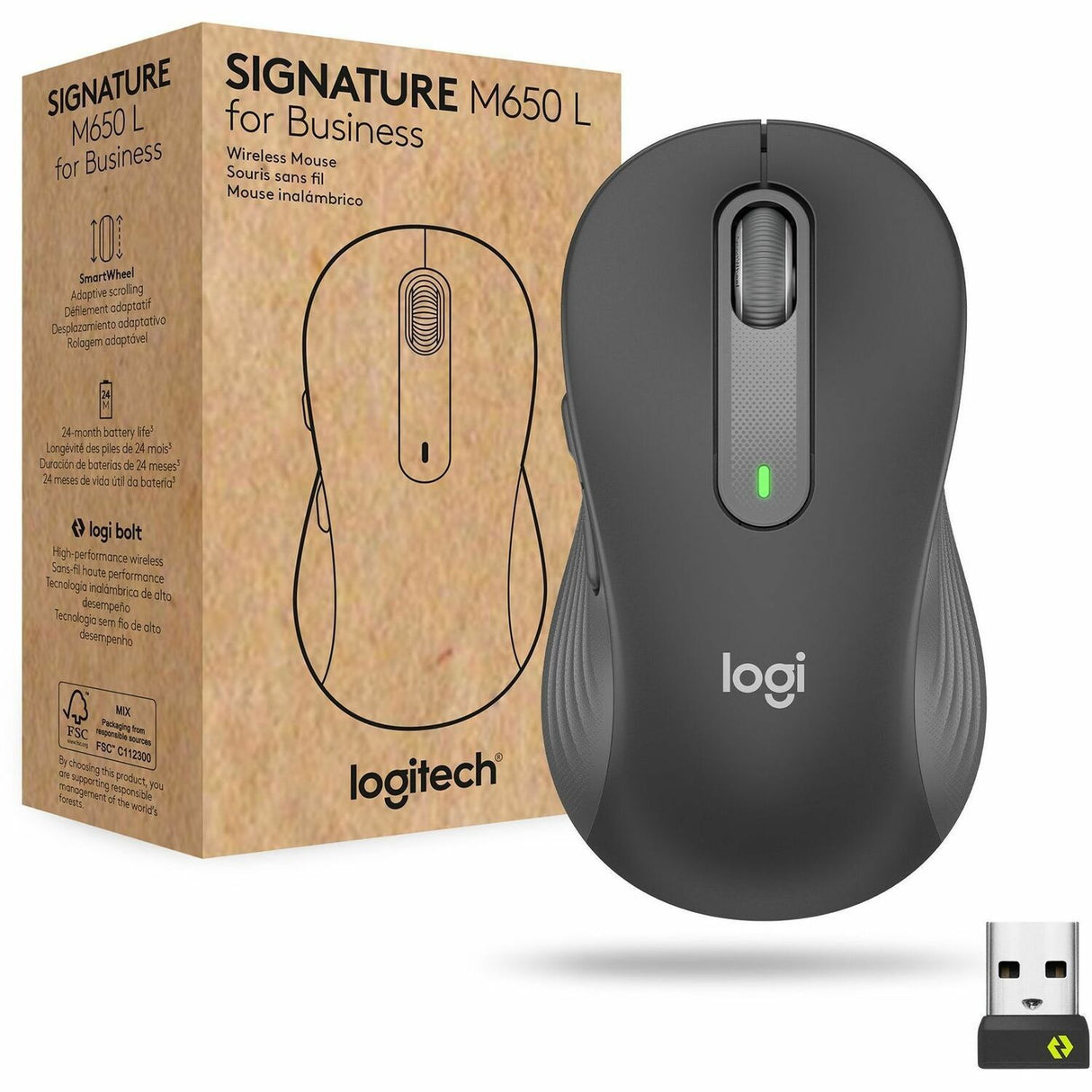 Logitech Signature M650 L for Business Wireless Mouse, For Large Sized Hands, Logi Bolt, Bluetooth, Graphite — 910-006346