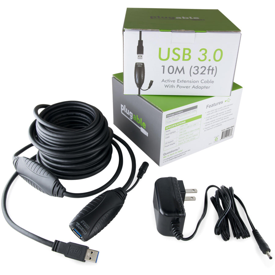 Plugable 10 Meter (32 Foot) USB 3.0 Active Extension Cable with AC Power Adapter and Back-Voltage Protection — USB3-10M-D