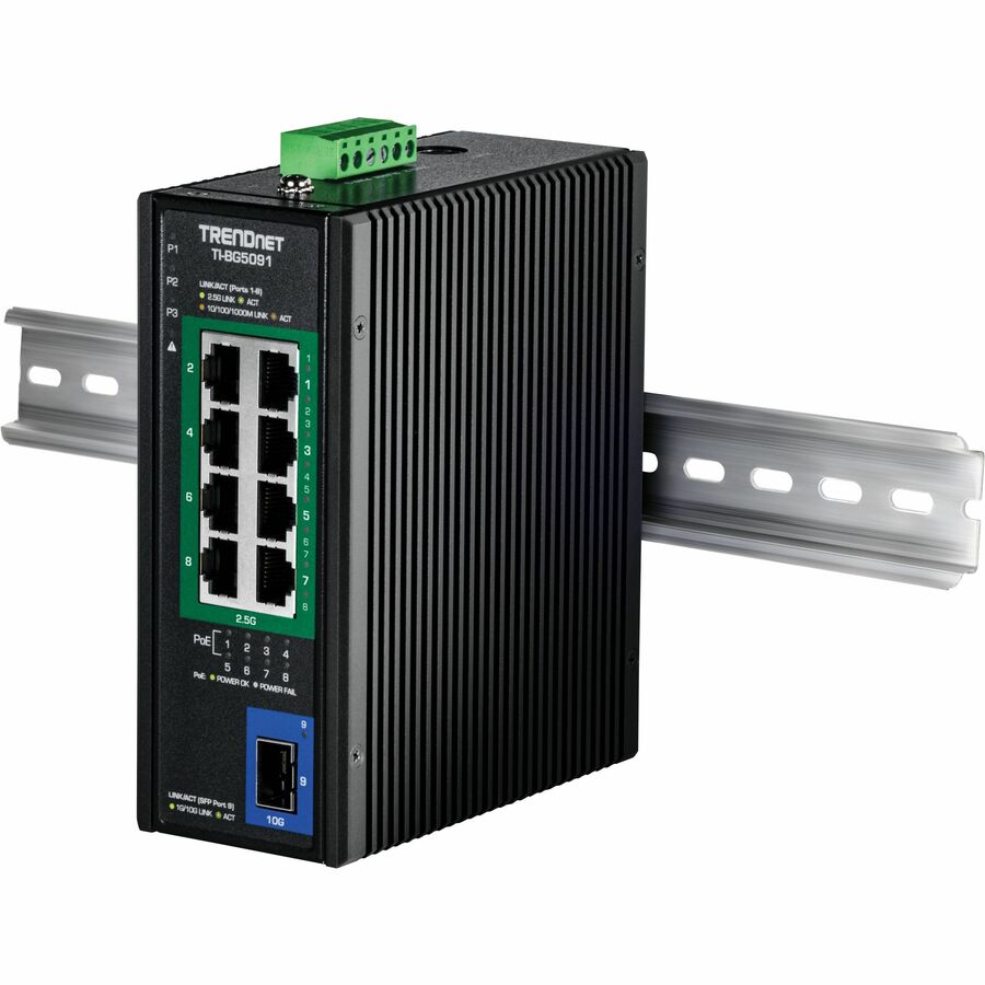 TRENDnet 9-Port Industrial 2.5G DIN-Rail PoE++ Switch with 10G SFP+ Port, TI-BG5091, Multi-Gigabit, 8 x 2.G PoE++ Ports, 1 x 10G SFP+ Port, 480W PoE Power Budget, 60Gbps, Lifetime Protection, Black