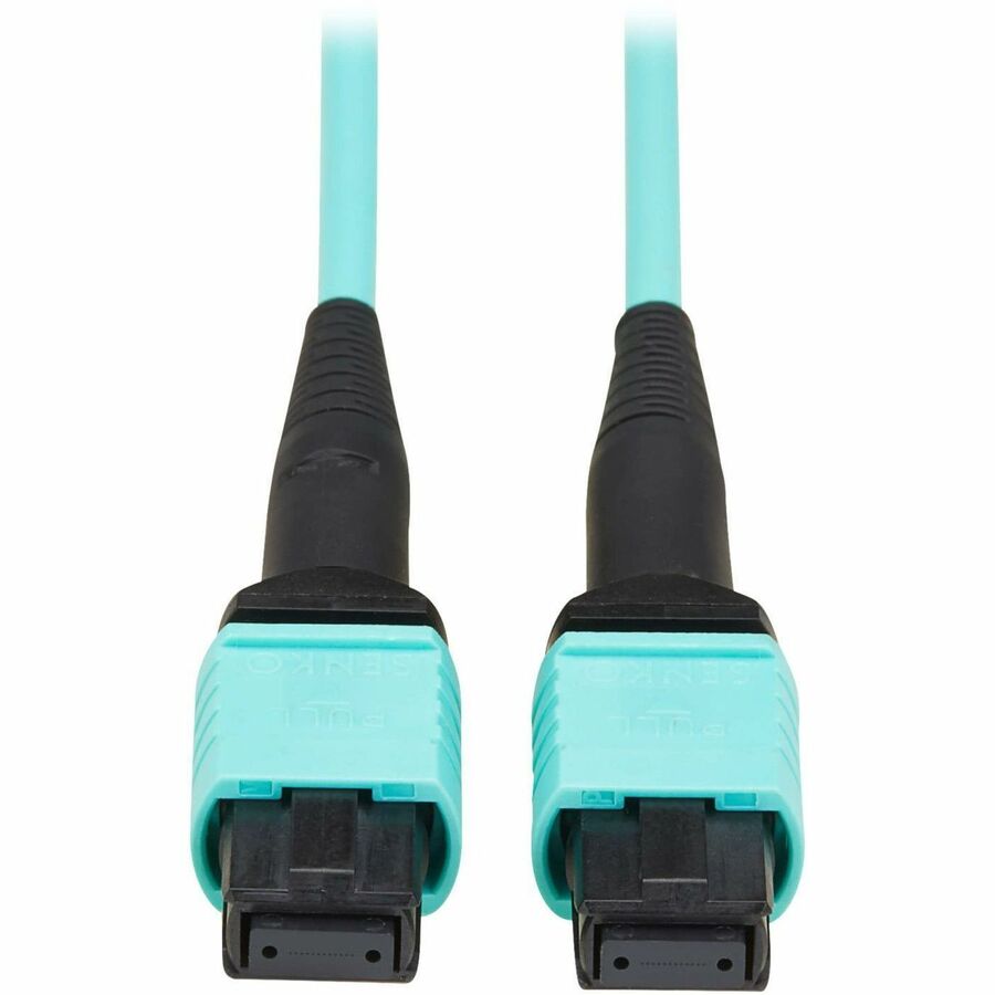 Eaton Tripp Lite Series 40/100/400G Multimode 50/125 OM3 Fiber Optic Cable (8F MPO/MPO-PC F/F), Type-A Polarity, OFNP, Aqua, 30 m (98.4 ft.) — N844A-30M-8-P