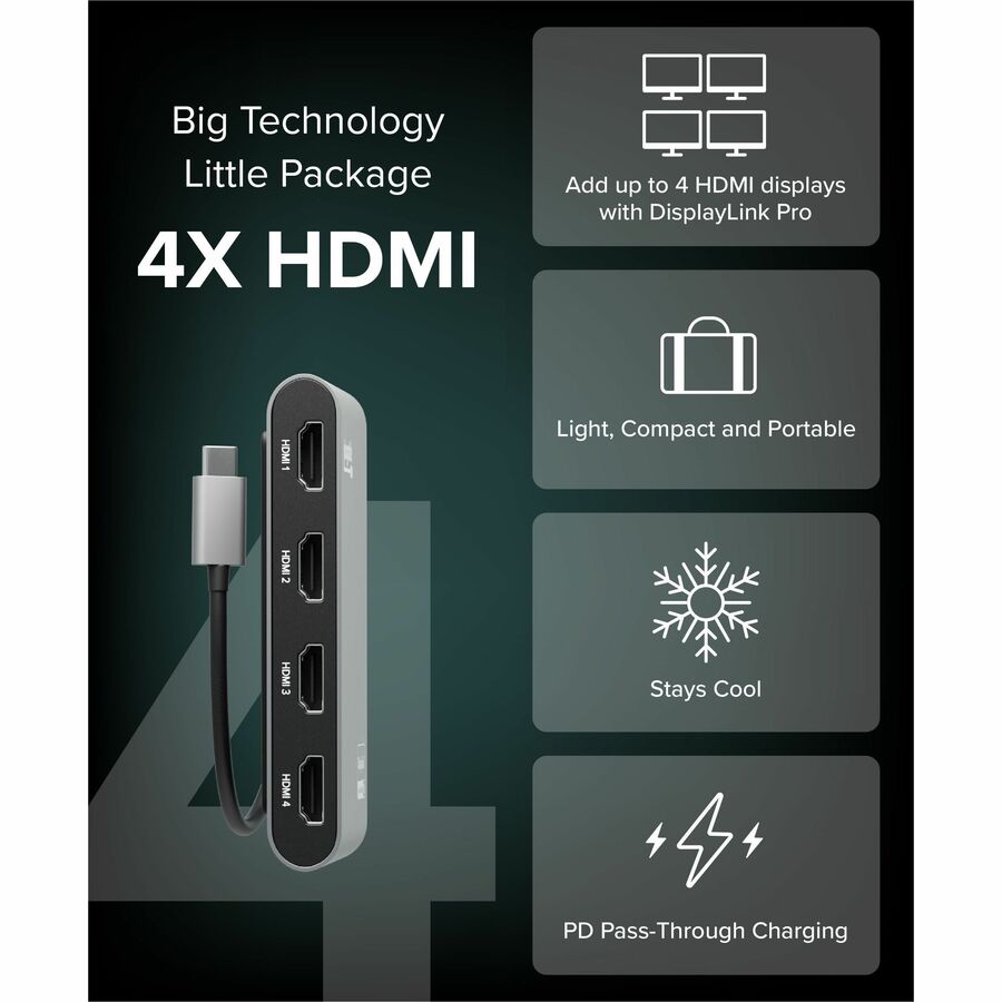 Plugable USB C to Quad HDMI 4K Adapter with 100W PD Pass-Though Power Delivery for Windows, Mac M1/M2/M3/M4, Thunderbolt, and USB-C Laptops — USBC-7400H4