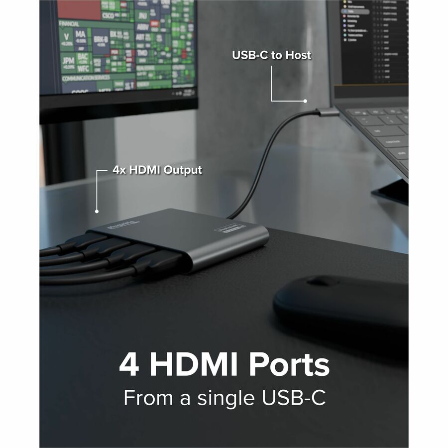 Plugable USB C to Quad HDMI 4K Adapter with 100W PD Pass-Though Power Delivery for Windows, Mac M1/M2/M3/M4, Thunderbolt, and USB-C Laptops — USBC-7400H4