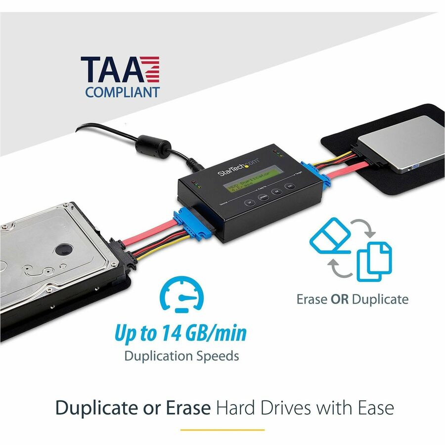 StarTech.com 1:1 Standalone Hard Drive Duplicator & Eraser, SATA HDD / SSD Disk Cloner / Copier / Wiper / Sanitizer, TAA Compliant — SATDUP11