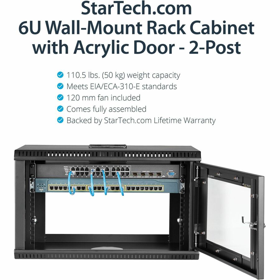 StarTech.com 2-Post 6U Wall Mount Network Cabinet w/ Acrylic Door, 19" Small Wall-Mounted Server Rack for Data / Computer Equipment — RK619WALL