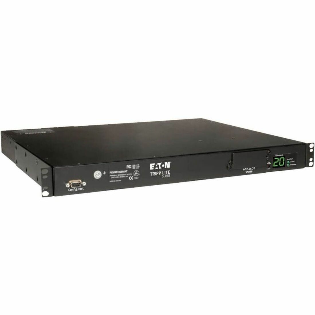 Eaton Tripp Lite Series 3.8kW Single-Phase Local Metered Automatic Transfer Switch PDU, Two 200-240V C20 Inlets, 8 C13 & 2 C19 Outputs, 1U, TAA — PDUMH20HVAT
