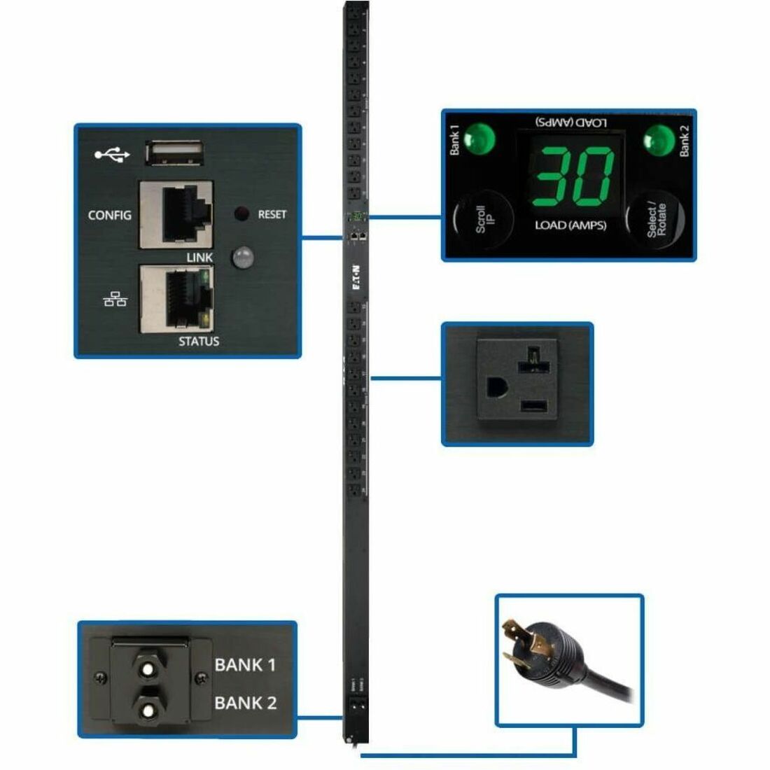Eaton 2.9kW Single-Phase Monitored PDU with LX Platform Interface, 120V Outlets (24 5-15/20R), L5-30P Plug, 0U Vertical, TAA — PDUMNV30LX