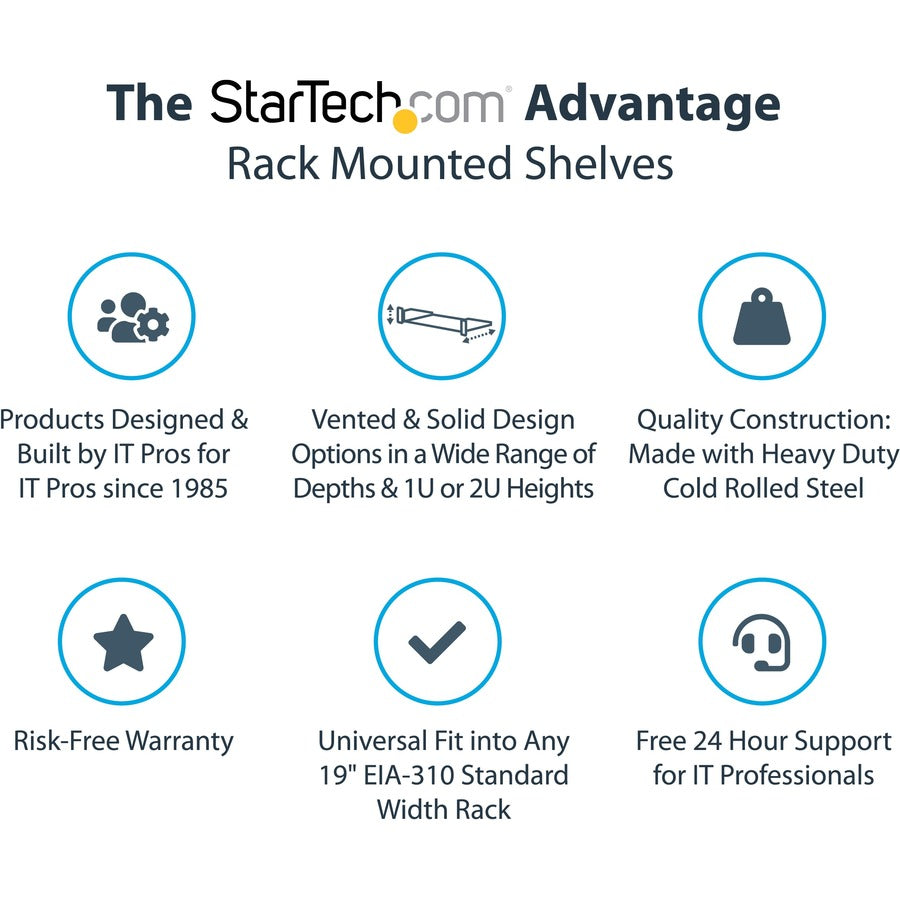 StarTech.com 1U Vented Server Rack Cabinet Shelf - Fixed 16" Deep Cantilever Rackmount Tray for 19" Data/AV/Network Enclosure w/Cage Nuts — CABSHELF116V