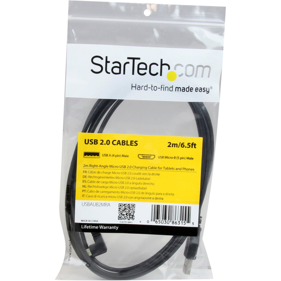 StarTech.com 2m 6 ft Right Angle Micro-USB Charge and Sync Cable M/M - USB 2.0 A to Micro USB - 24 AWG — USBAUB2MRA