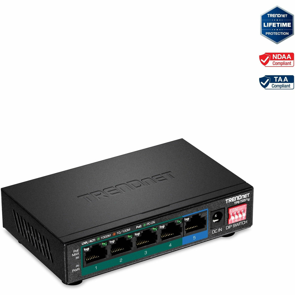 TRENDnet 5-Port Gigabit PoE+ Switch, Camera DIP Switch extends PoE+ 200m (656 ft.), 60W PoE Budget, Black, TPE-TG51g — TPE-TG51G